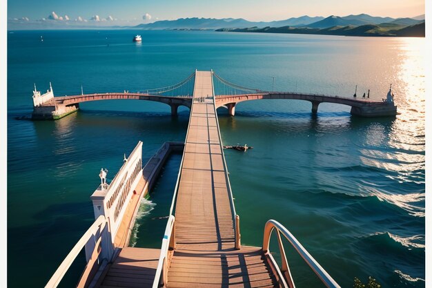 Foto la magnífica arquitectura del puente cruzado por el océano diseño del puente de aguas profundas fondo de papel tapiz