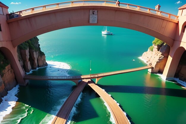 Foto la magnífica arquitectura del puente cruzado por el océano diseño del puente de aguas profundas fondo de papel tapiz
