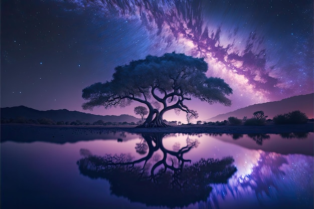 Magnífica árvore azul Jacaranda à beira de uma lagoa de oásis no deserto refletindo estrelas cósmicas