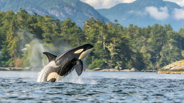 Una magnífica ballena asesina saltando por la superficie del agua