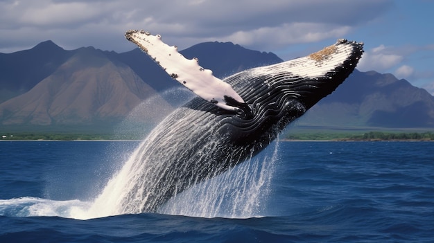 Una magnífica ballena jorobada rompiendo la superficie de un océano azul profundo