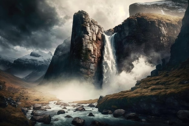 Magnífica cachoeira caindo em cascata de um penhasco rochoso e enviando uma nuvem de névoa para o ar