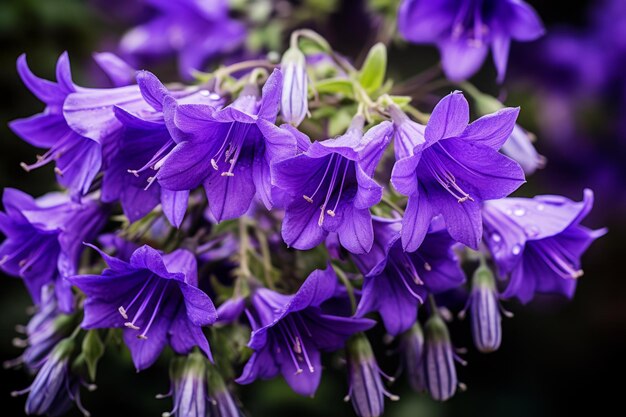 Magnífica captura La encantadora belleza de las flores de campanula púrpura en fotografía de primer plano a los 32 años