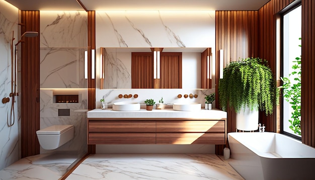 Magnífica casa de banho moderna com banheira e chuveiro em madeira e mármore Generative AI