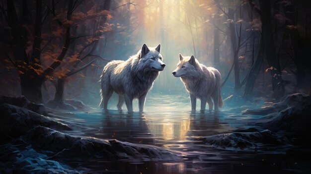 Magnífica cena de sonho de lobos mágicos