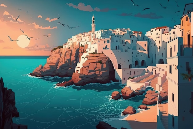 Magnífica ciudad de Polignano a Mare en la región italiana de Puglia en la noche de primavera Paisaje marino del Adriático a todo color Antecedentes del concepto de viaje