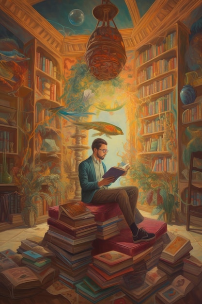 Magnífica e impresionante pintura al óleo surrealista de un hombre leyendo un libro AI generativa