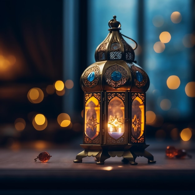 Magnífica iluminación de una linterna brillante en un telón de fondo de mesa de madera islámica