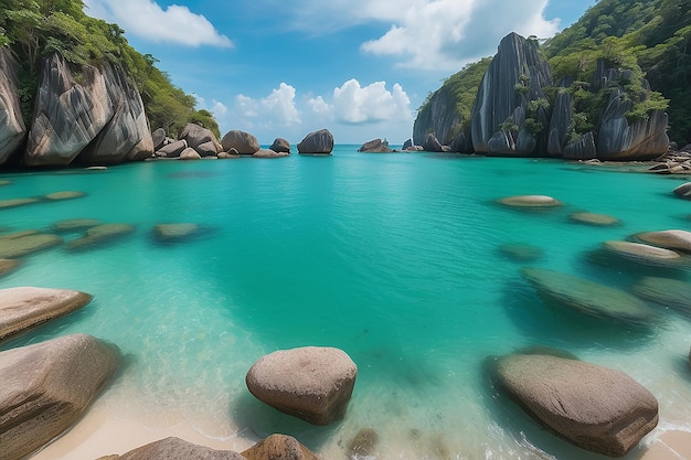 Magnífica playa tropical turquesa agua transparente rocas únicas de Vietnam