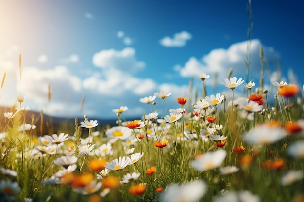 Magnífica pradera de primavera y verano iluminada por el sol IA generativa