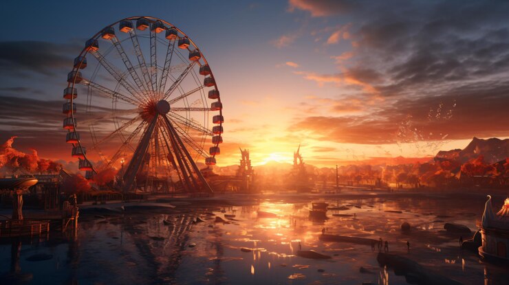 Magnífica puesta de sol detrás de la rueda de Ferris