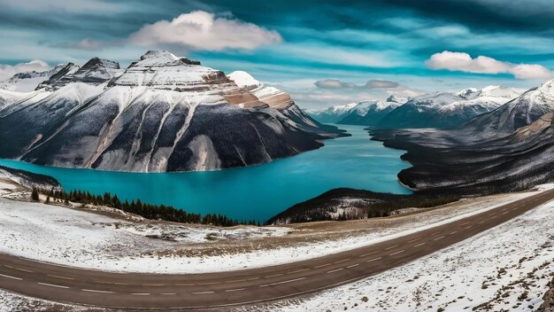 Foto magnífica vista del lago payto y las montañas nevadas en el parque nacional banff, canadá