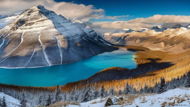 Foto magnífica vista del lago payto y las montañas nevadas en el parque nacional banff, canadá