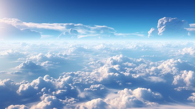 Foto magnífica vista de la naturaleza de un expansivo cúmulo blanco contra un suave cielo matinal vista de avión de nubes blancas onduladas