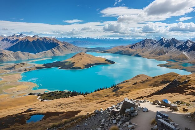 Magnífica vista panorámica con cielo azul inbisiblemente alta montaña y profundo lago turquesa