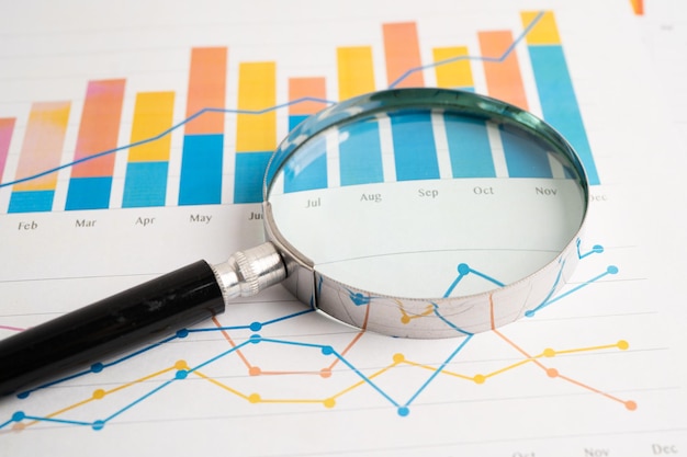 Magnificación en hoja de cálculo y papel gráfico Desarrollo financiero Cuentas bancarias Estadística Inversión Investigación analítica Datos economía Negocios