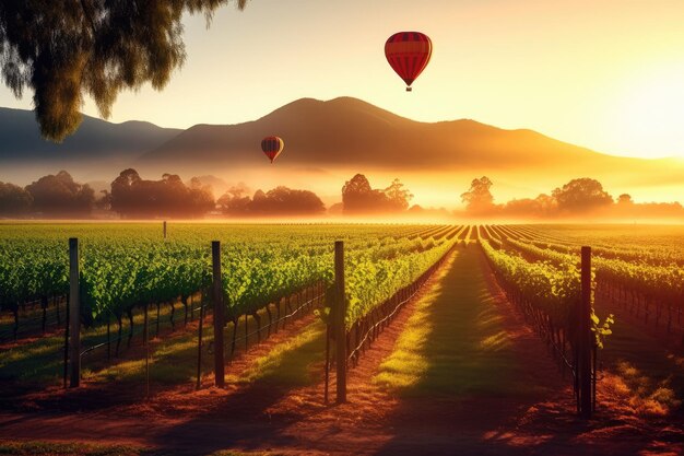 Magníficas montañas, un amanecer sobre las uvas de Napa Valley y un globo aerostático