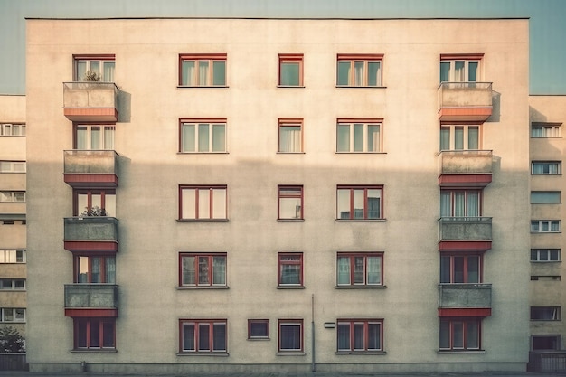 Magnificencia del paisaje urbano Una fotografía cautivadora de un edificio de apartamentos con amplio espacio de copia