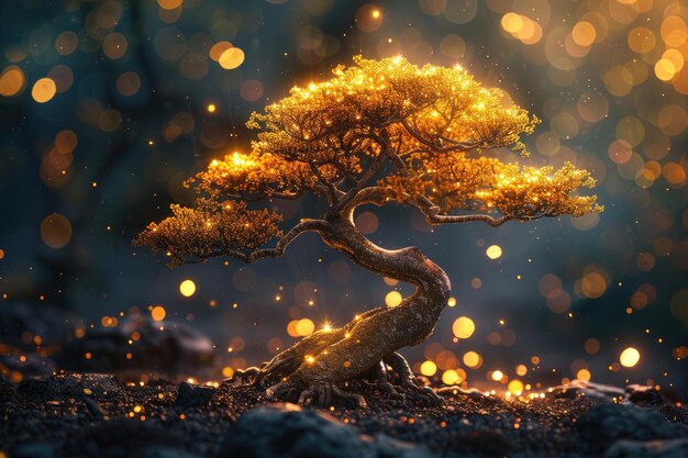 Un magnífico árbol de bonsai bañado en luces doradas Ai generativo