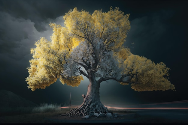 Magnífico árbol de ginkgo grande relámpago cielo de nubes oscuras por IA generativa