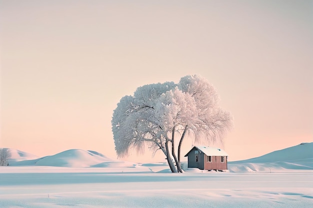 Magnífico árbol de minimalismo en el paisaje de invierno en color pastel Creado con tecnología de IA generativa