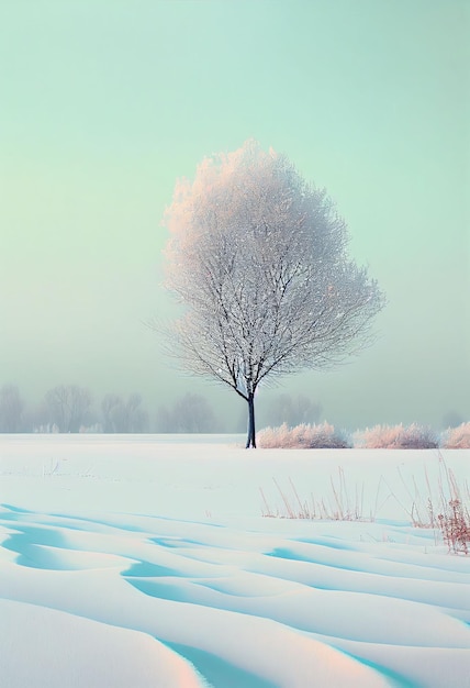 Magnífico árbol de minimalismo en el paisaje de invierno en color pastel Creado con tecnología de IA generativa