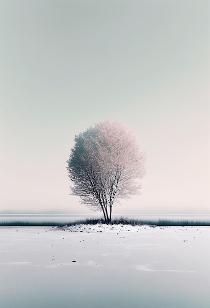 Magnífico árbol de minimalismo en el paisaje de invierno en color pastel Creado con tecnología de IA generativa