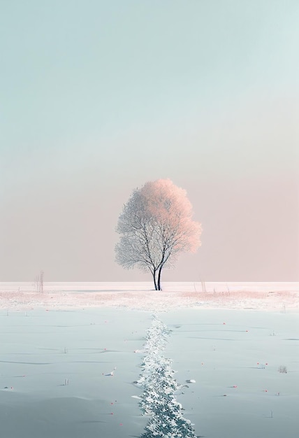 Magnífico árbol de minimalismo en el paisaje de invierno en color pastel Creado con tecnología de IA generativa