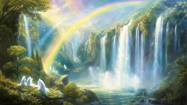 Un magnífico arco iris sobre una impresionante cascada con un grupo de ángeles serenos reunidos en su