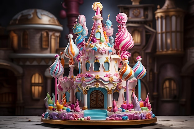 Magnífico Bolo de Aniversário em Forma de Palácio com Lindas Decorações de Doces Coloridos
