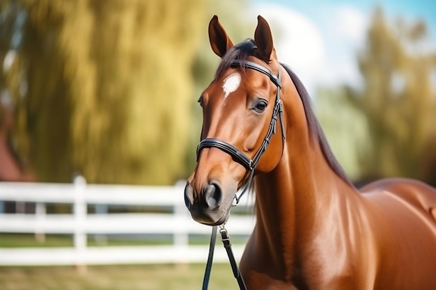 Un magnífico caballo bayo en la silla de montar IA generativa