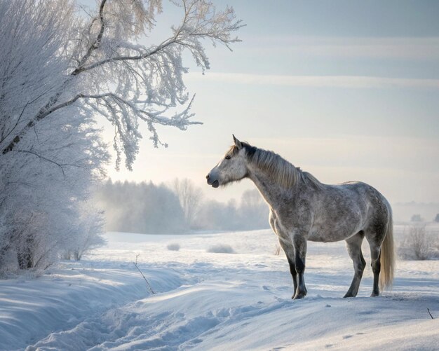 Un magnífico caballo se encuentra orgulloso en un paisaje nevado su aliento visible en el aire fresco del invierno