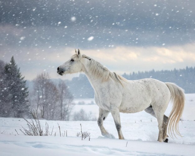 Un magnífico caballo se encuentra orgulloso en un paisaje nevado su aliento visible en el aire fresco del invierno