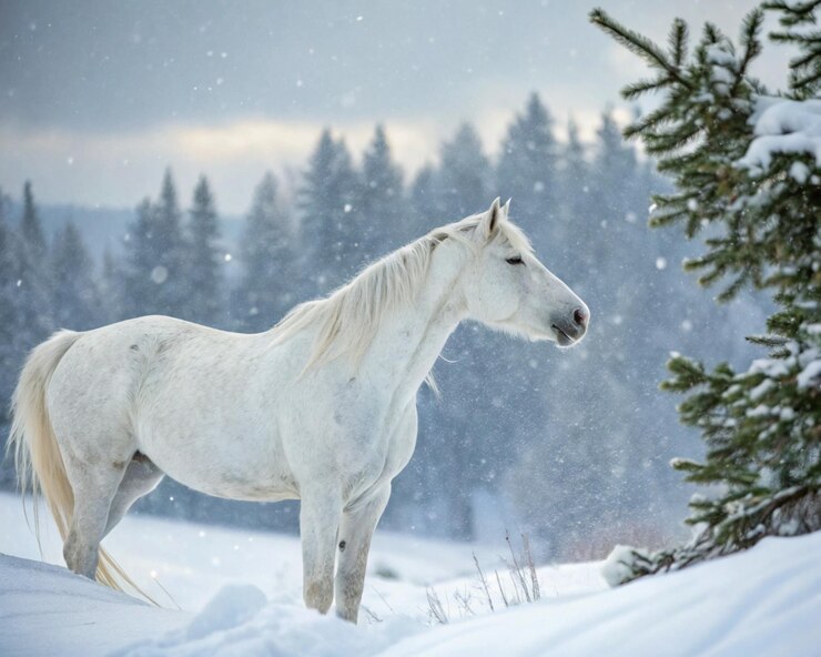 Un magnífico caballo se encuentra orgulloso en un paisaje nevado su aliento visible en el aire fresco del invierno