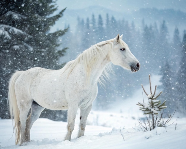 Un magnífico caballo se encuentra orgulloso en un paisaje nevado su aliento visible en el aire fresco del invierno