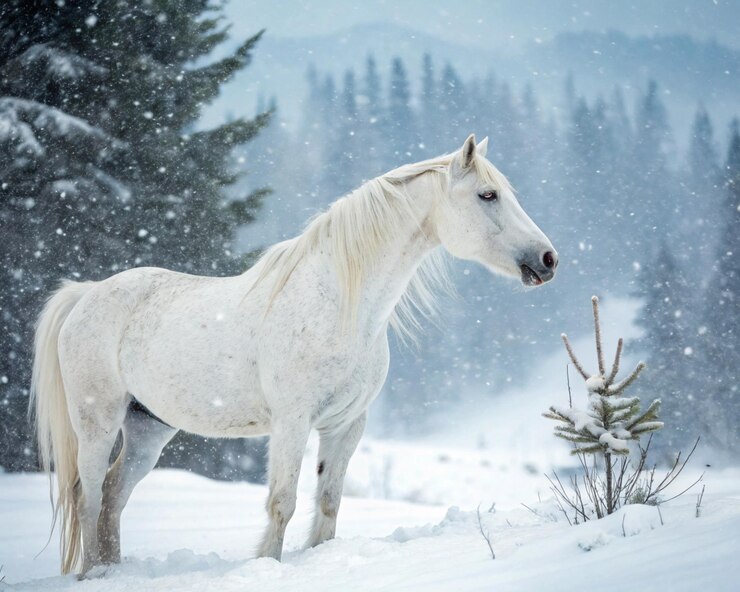 Un magnífico caballo se encuentra orgulloso en un paisaje nevado su aliento visible en el aire fresco del invierno
