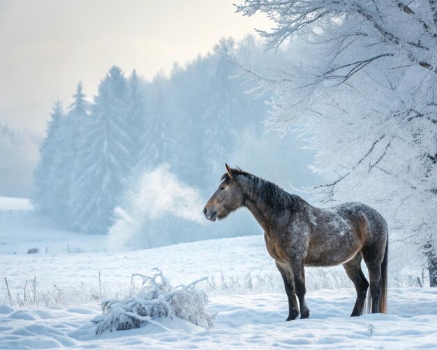 Un magnífico caballo se encuentra orgulloso en un paisaje nevado su aliento visible en el aire fresco del invierno