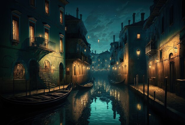 Magnífico canal de Italia por la noche con luces reflejadas en el agua