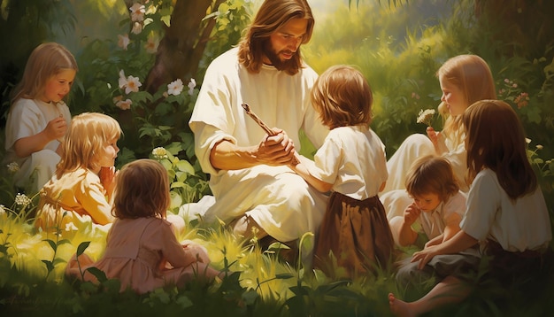 Foto un magnífico cartel moderno que muestra a jesús jugando con niños con este fondo