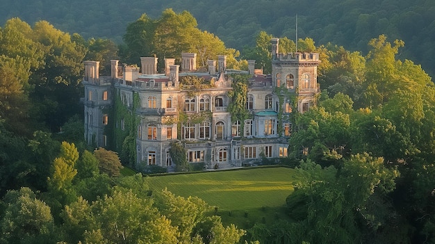 Un magnífico castillo se ve desde arriba escondido en un mar de exuberante vegetación