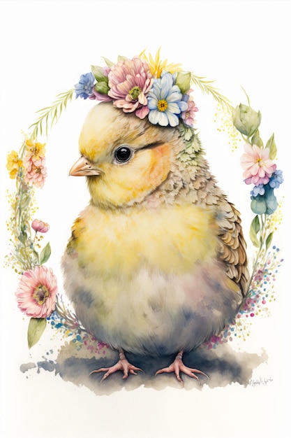 Magnífico dibujo de acuarela de un pollito con una corona de flores sobre un fondo blanco