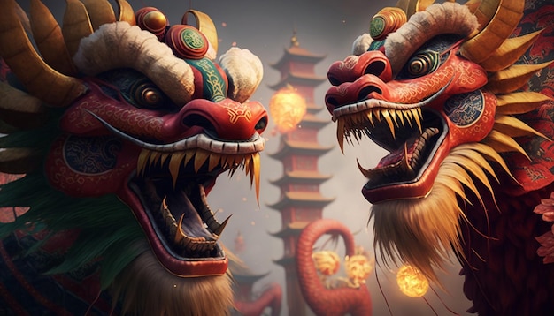 Magnífico dragão chinês e dança do leão com figuras assustadoras