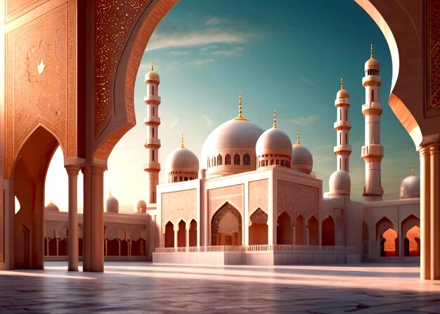 Magnífico estilo 3D Gran Mezquita hermosa mezquita con una imagen de la media luna de Ramadán para el estandarte de EID