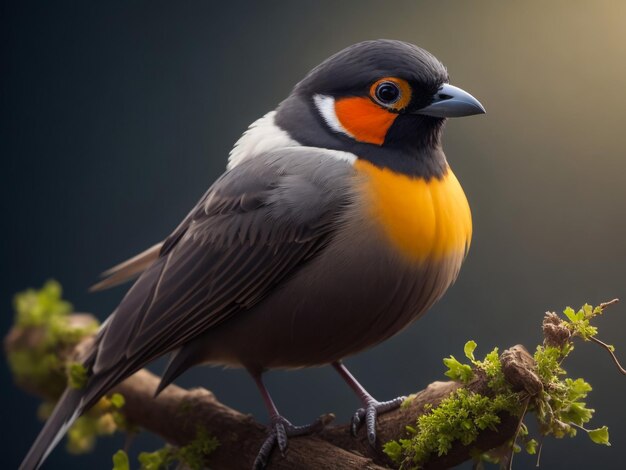 Magnífico estornino lamprotornis superbus con plumas azules y naranjas sentado sobre un poste de madera