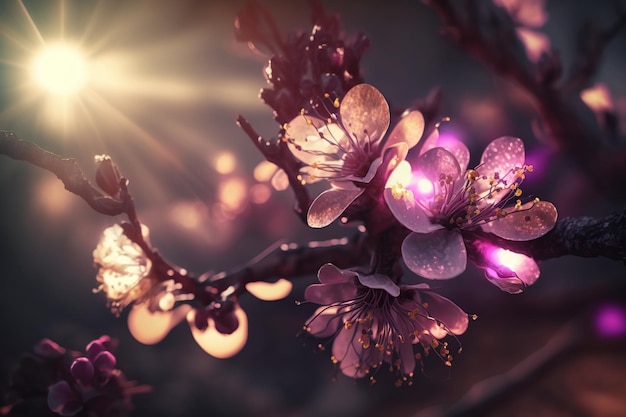 Magnífico fondo de flores de rama de árbol de primavera con ramita floreciente en el fondo de los rayos de luz solar.