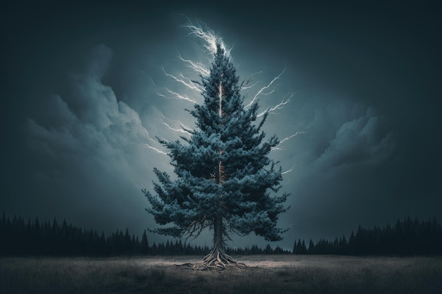 Magnífico gran árbol de abeto azul relámpago cielo de nubes oscuras por IA generativa