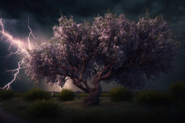 Magnífico gran chokecherry Tree Lightning Nubes oscuras Cielo por IA generativa