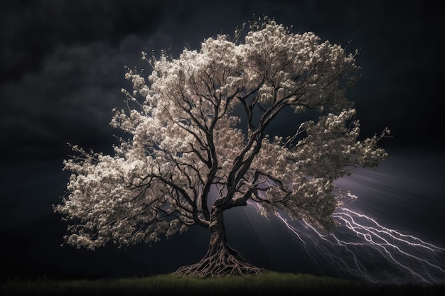 Magnífico gran Kousa Cornejo Árbol Relámpago Nubes oscuras Cielo por IA generativa