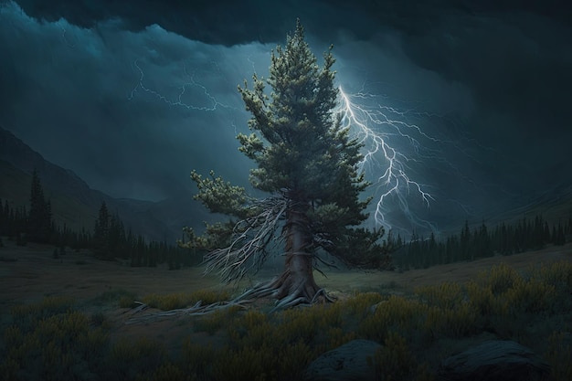 Magnífico grande Colorado Blue Spruce Tree Relâmpago Nuvens escuras Céu por Generative AI