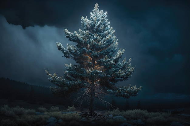 Magnífico grande Colorado Blue Spruce Tree Relâmpago Nuvens escuras Céu por Generative AI